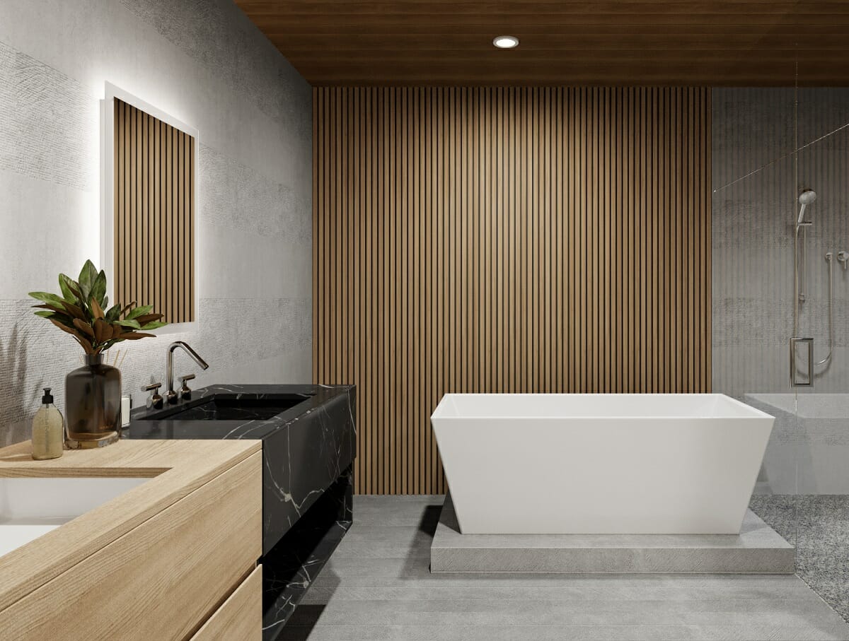 Salle de bain zen avec des idées de murs d'accent en bois par Courtney B