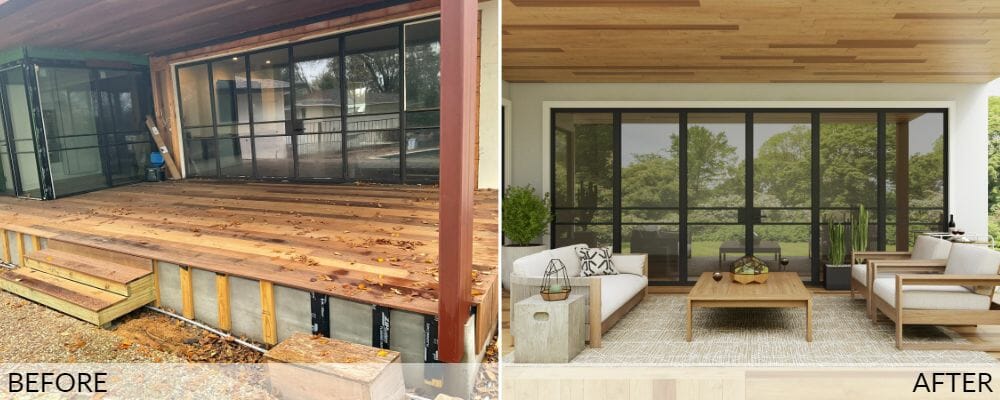 Salon extérieur intérieur avant (gauche) et après (droite) design de patio par Mon Petit Cabas