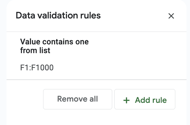 Une capture d'écran d'une règle de validation des données terminée dans Google Sheets.
