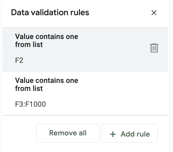 Une capture d'écran de l'écran des règles de validation des données dans Google Sheets.