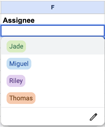 Une capture d'écran d'une liste déroulante appelée Assignee avec plusieurs noms.