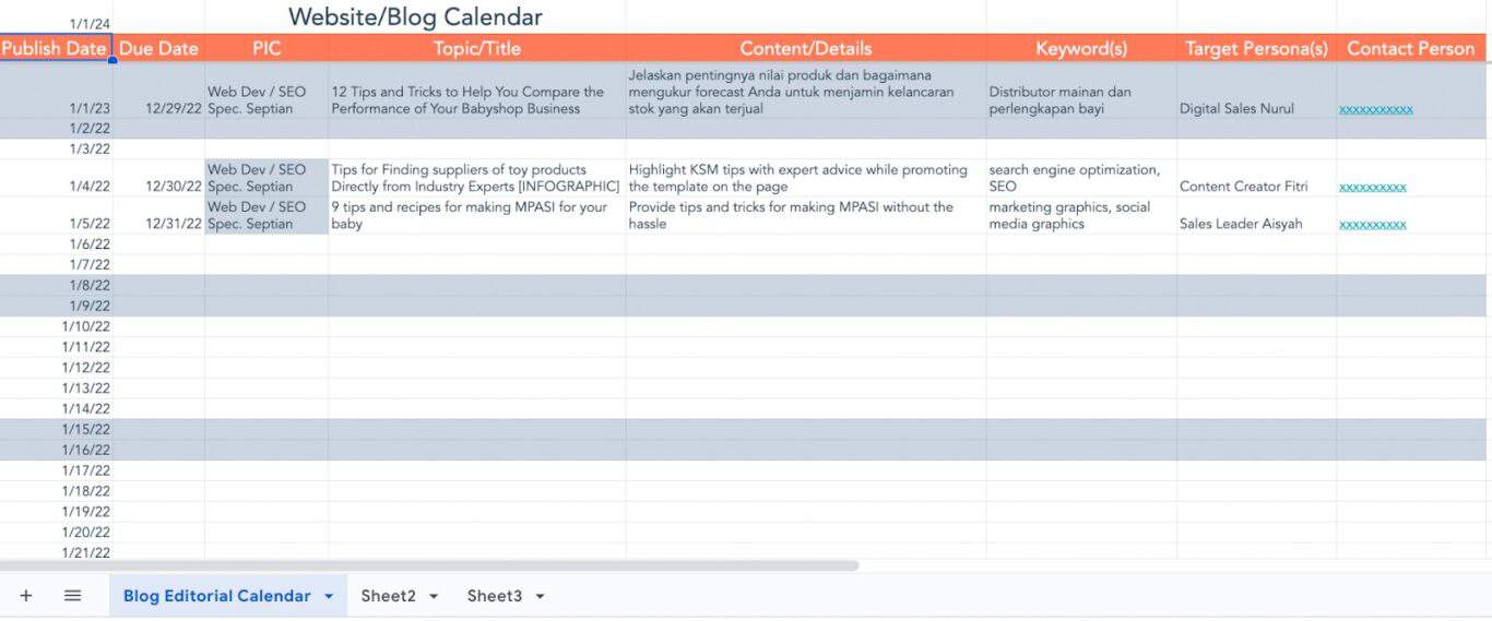 Une capture d'écran d'un modèle de calendrier marketing de HubSpot.